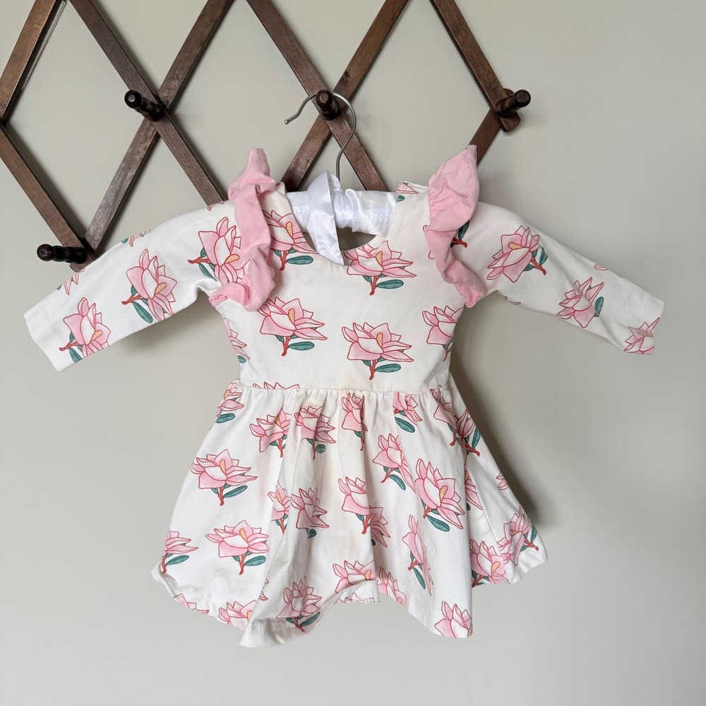 Monica + Andy Girl 6-12M Magnolia Floral Ruffle Long Sleeve Organic Cotton Dress